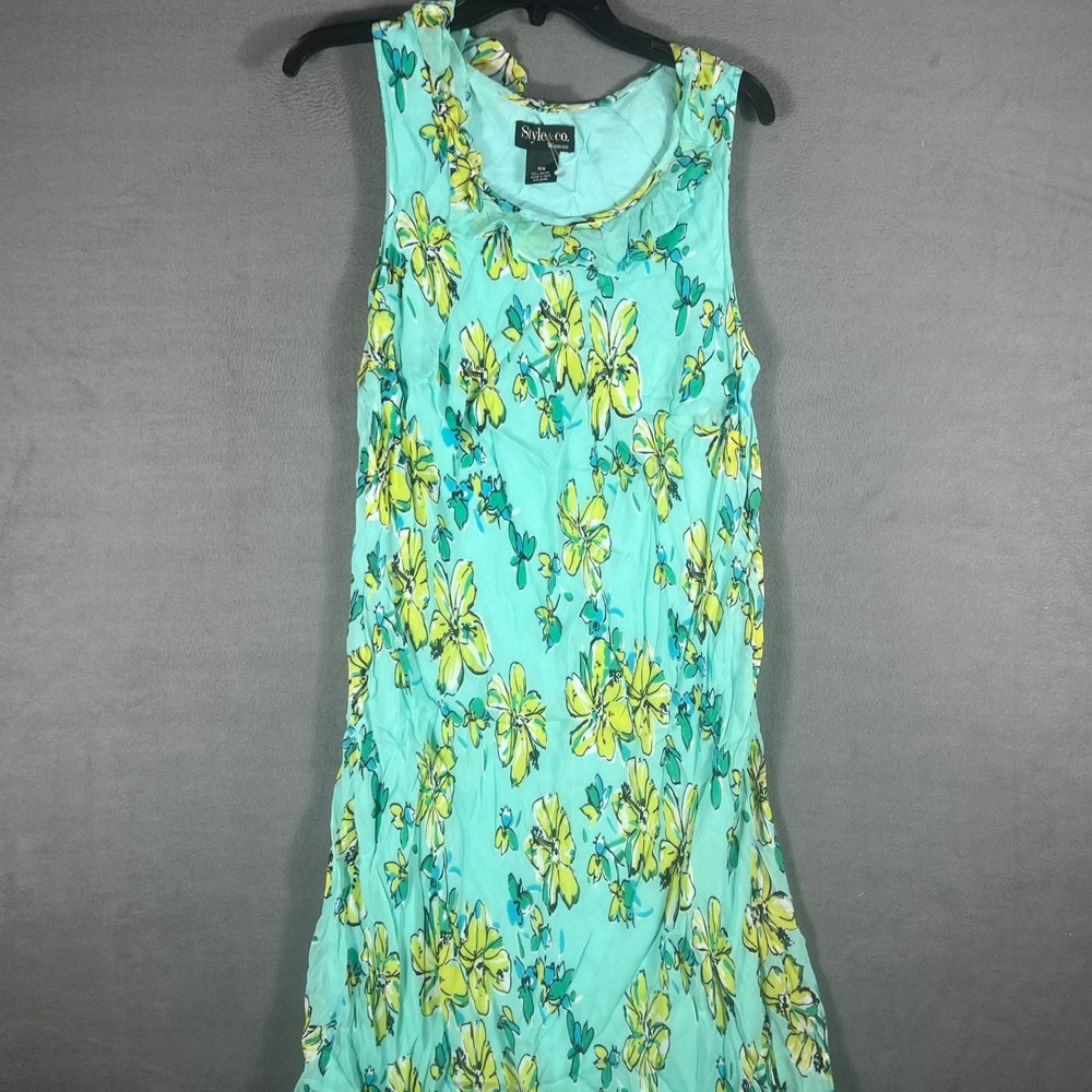 Style & Co Woman Dress 16W Teal Floral Sleeveless Ruffle Neck Shift Midi Vintage